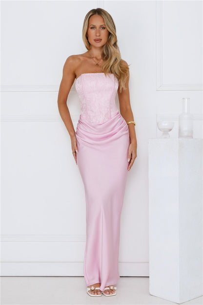 Dressed To Dazzle Strapless Satin Maxi Dress Pink