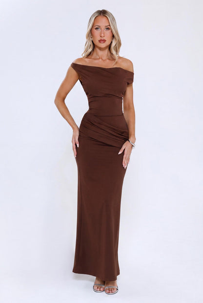Caught In The Spotlight Off Shoulder Maxi Dress Chocolate