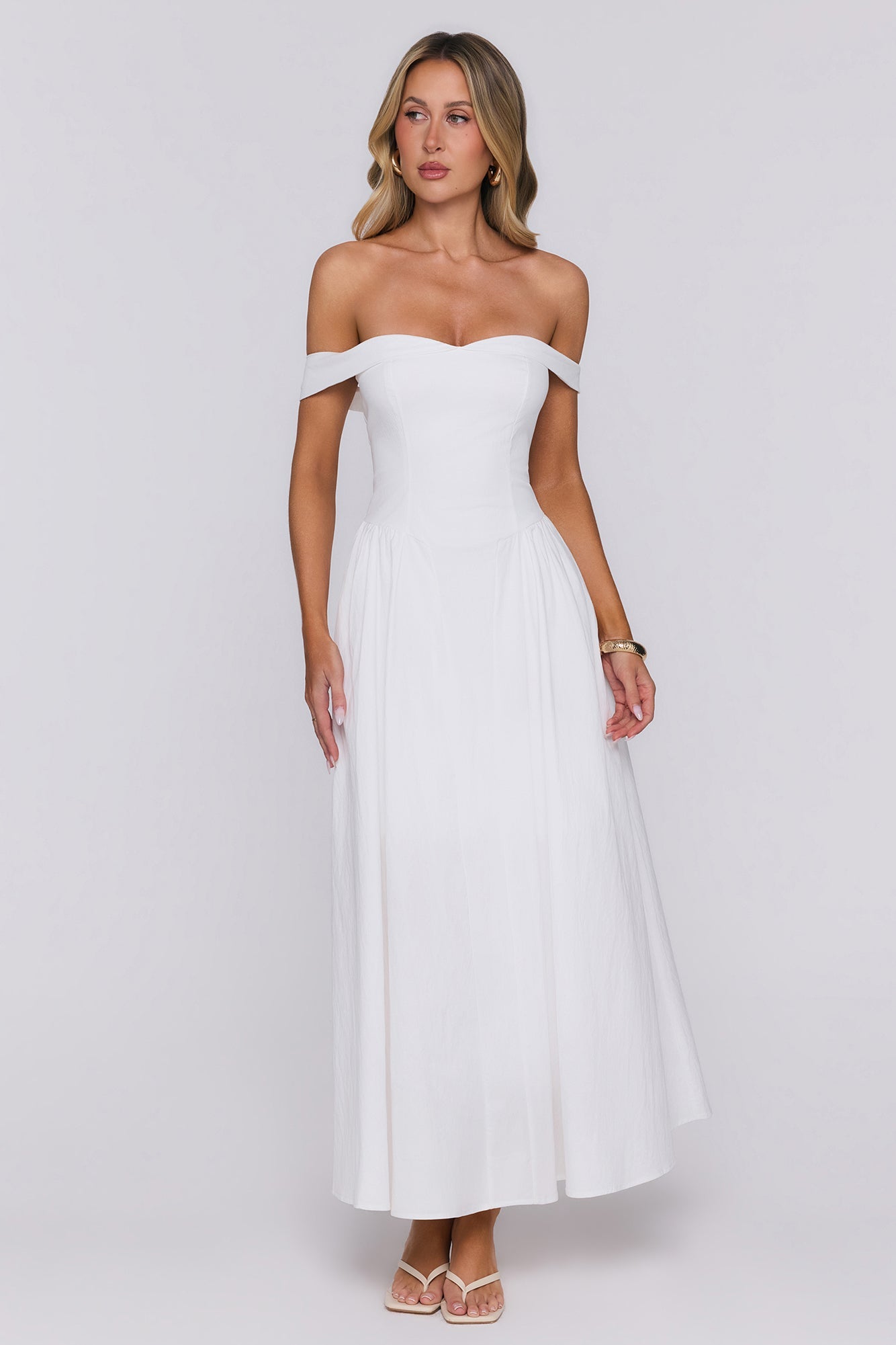 Polished Darling Off Shoulder Maxi Dress White