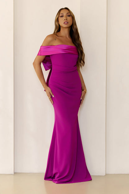 The Sleek Soirée Off Shoulder Maxi Dress Plum