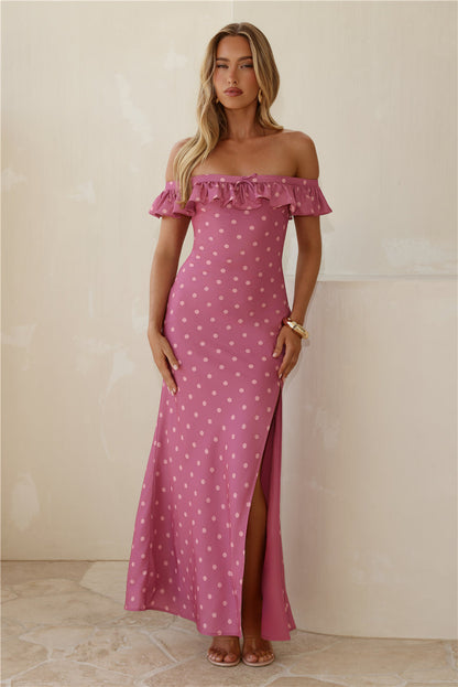Dotted Delight Off Shoulder Maxi Dress Magenta