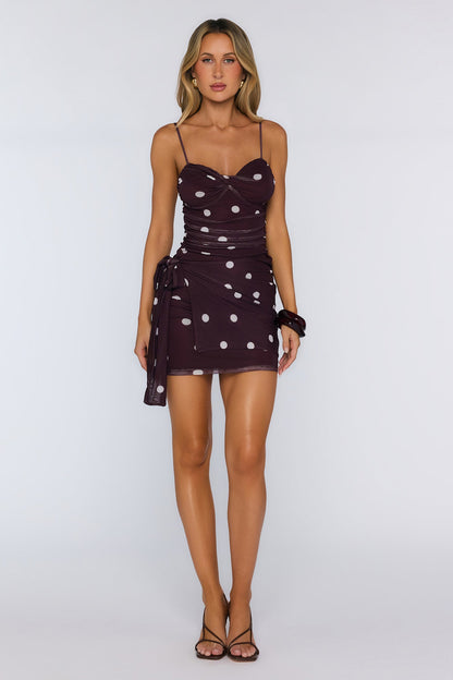 Pretty Comes First Mesh Polka Dot Mini Dress Chocolate