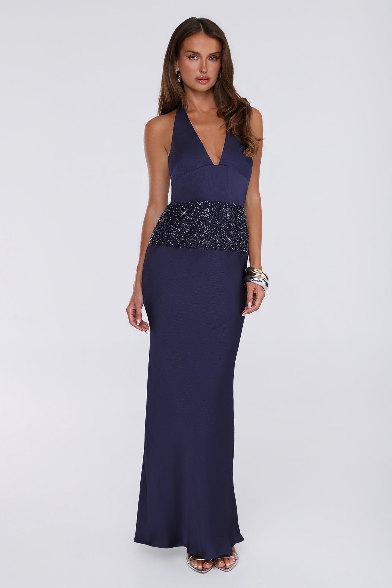 Style Icon Energy Halter Satin Maxi Dress Navy