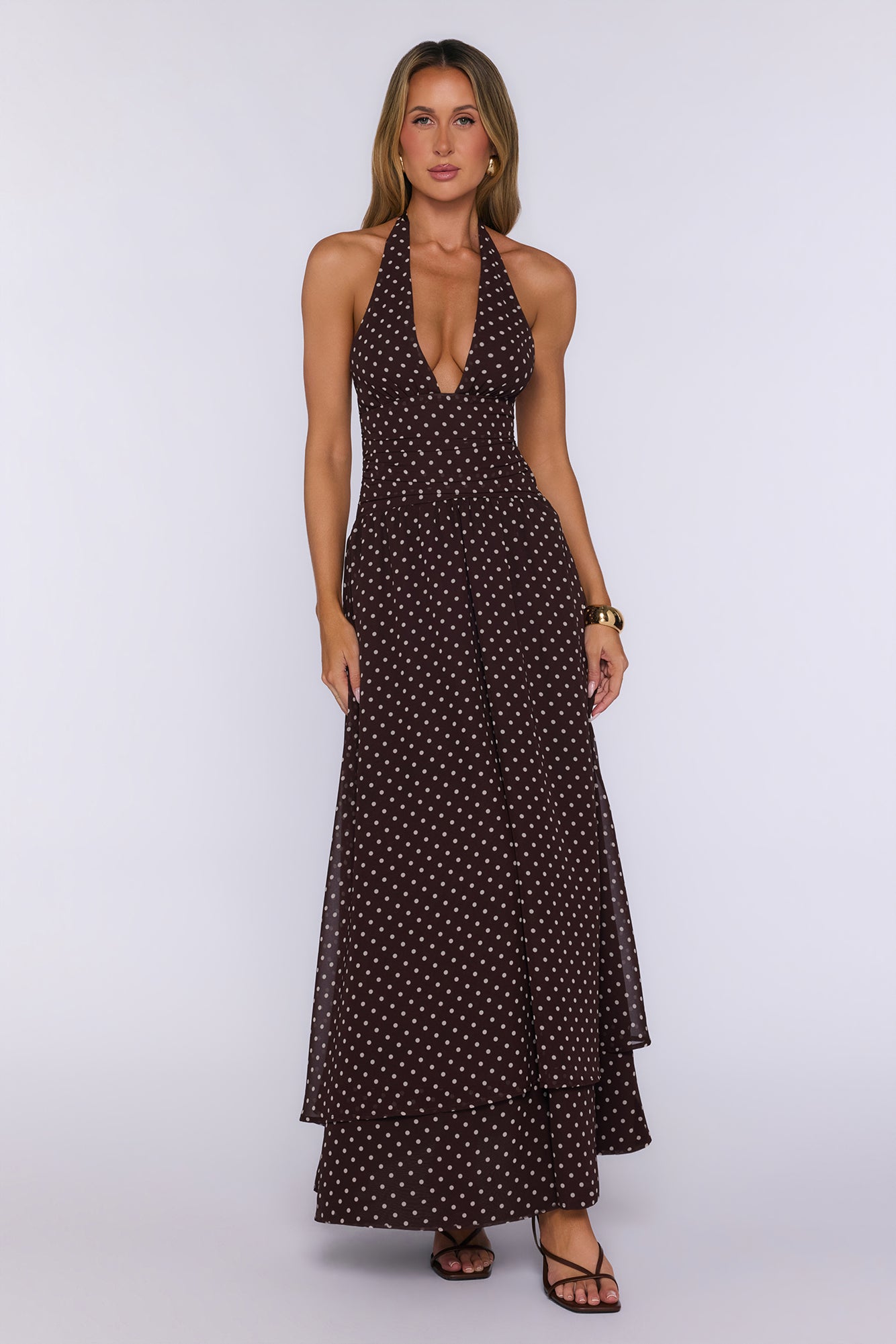 Dress Louder Halter Polka Dot Maxi Dress Brown