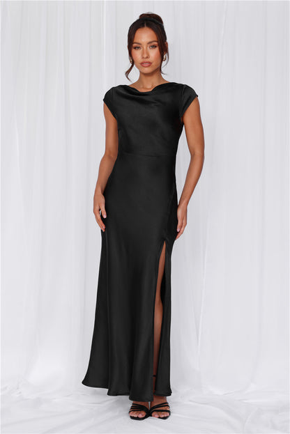 The Valentina Cap Sleeve Satin Maxi Dress Black