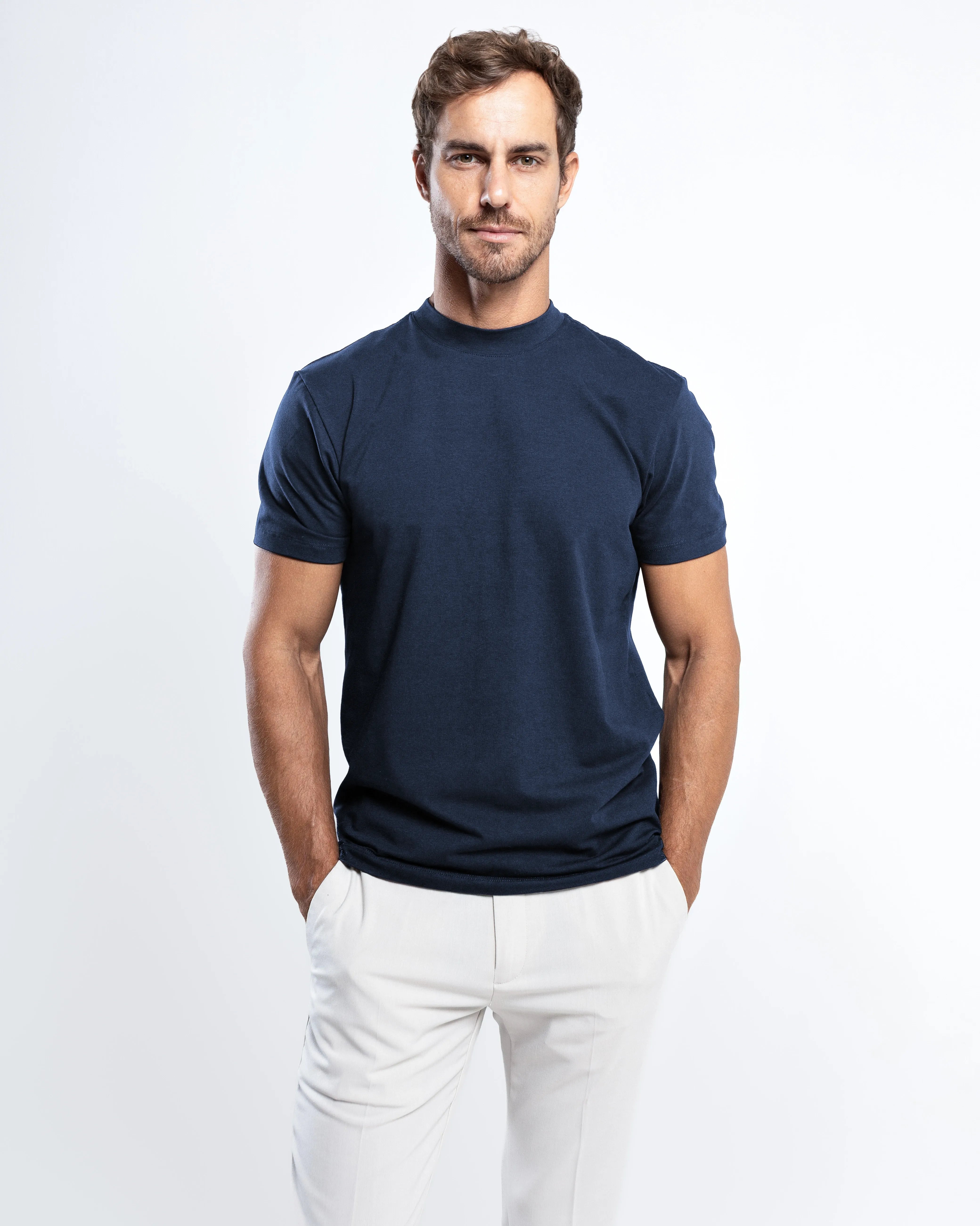 Egyptian Cotton Mock Neck T-Shirt - Grant - Navy Blue