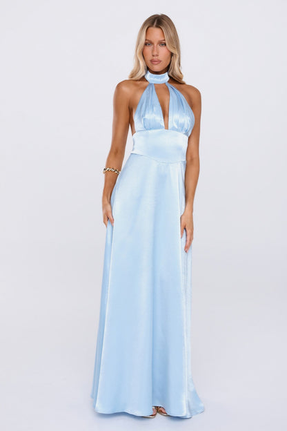 The Dress Diary Satin Halter Maxi Dress Blue