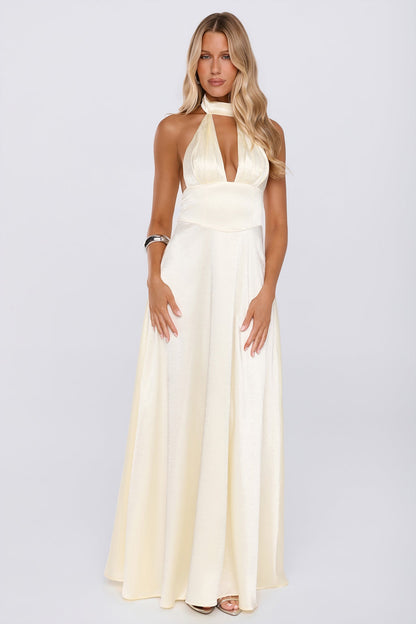 The Dress Diary Satin Halter Maxi Dress Yellow